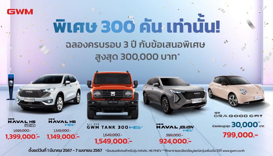 เกรท วอลล์ มอเตอร์ ฉลองครบรอบ 3 ปีอย่างยิ่งใหญ่ อัดโปรโมชันสุดคุ้มให้กับรถยนต์ทุกรุ่นแบบจัดเต็ม